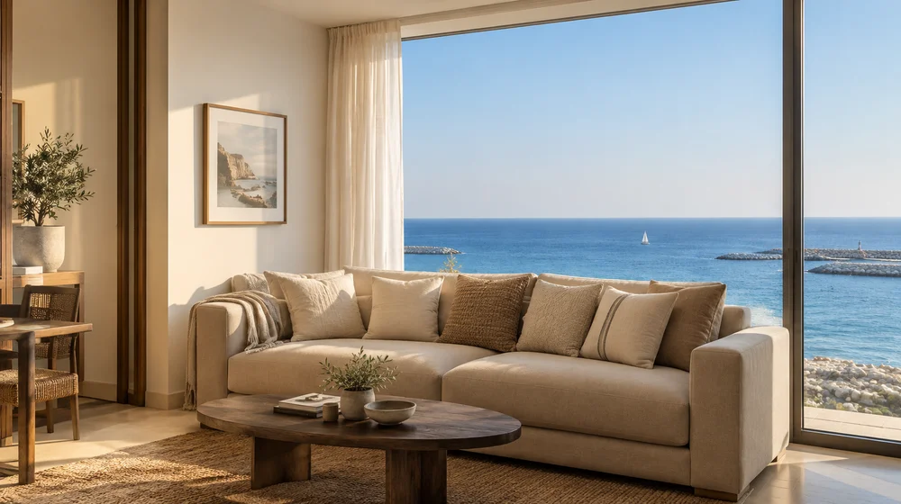Cosy living room with a beige sofa and a sea view