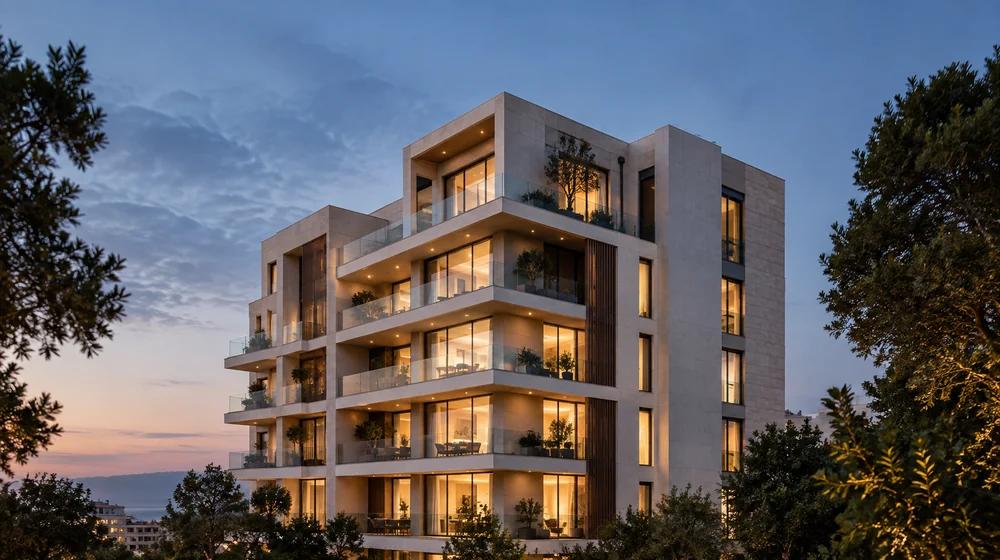 Contemporary residential building with open balconies at dusk